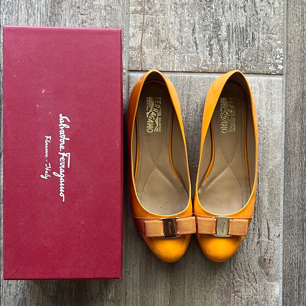 Salvatore Ferragamo Orange Flats with Bow Detail